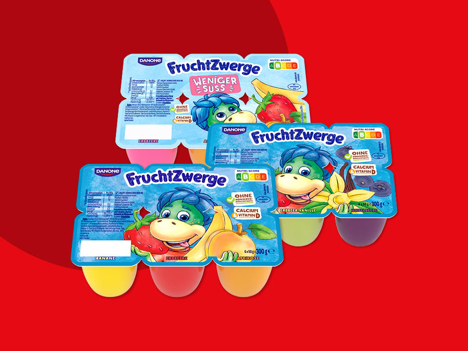 Danone FruchtZwerge Joghurt-Becher mit verschiedenen Fruchtgeschmacksrichtungen.