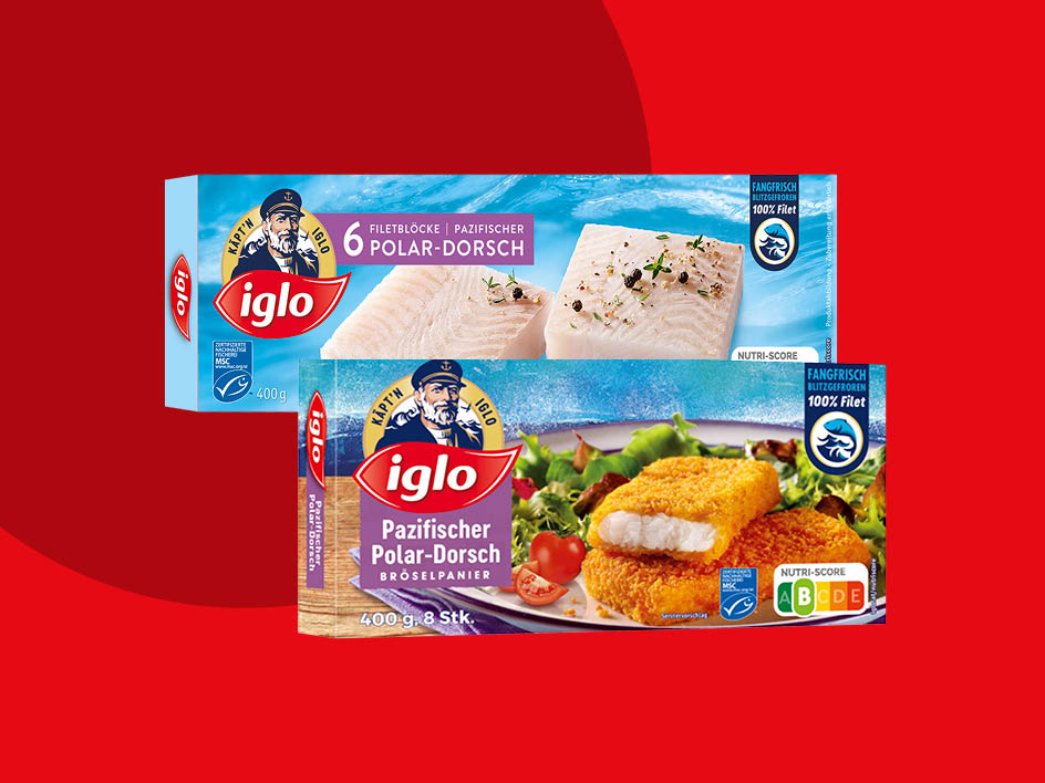 Iglo präsentiert zwei Produkte:  Pazifischer Polar-Dorsch als Filetblocks und panierte Fischstäbchen.