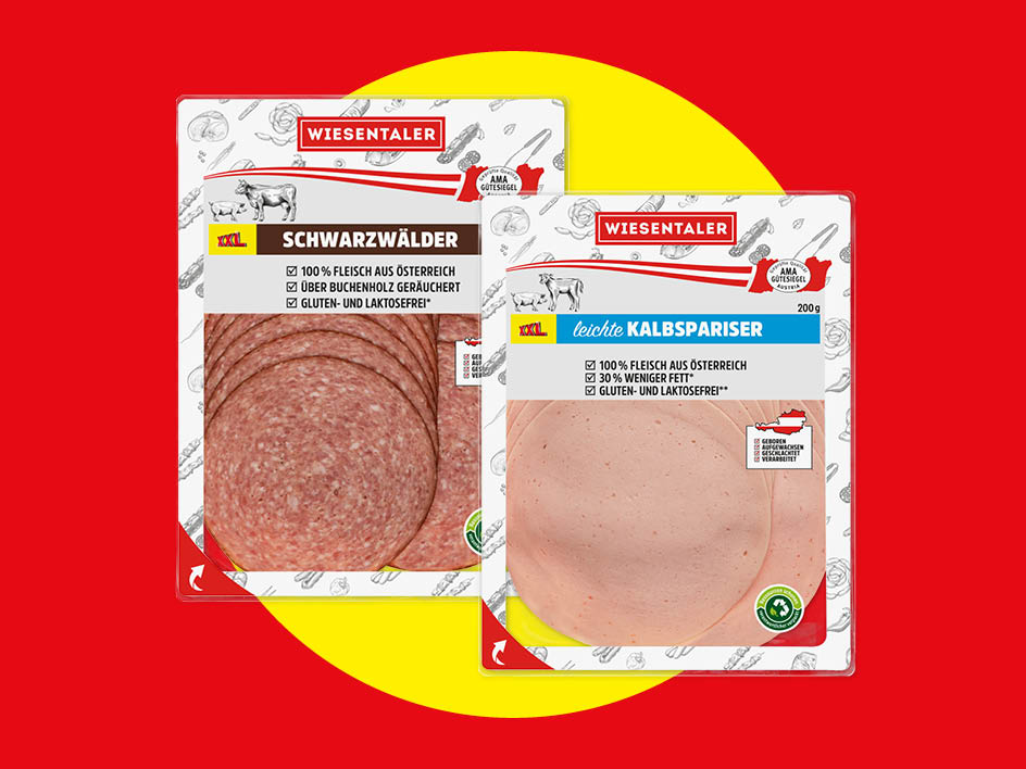 Zwei Packungen WIESENTALER Aufschnitt: Schwarzwälder Schinken und leichte Kalbspariser.