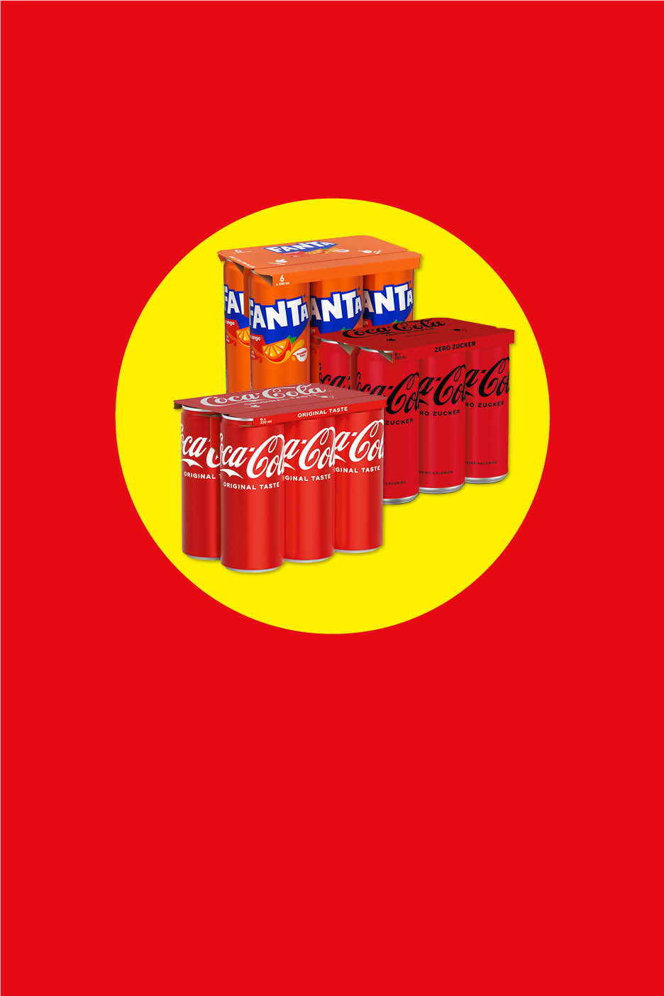Coca-Cola und Fanta Dosen auf gelbem Kreis vor rotem Hintergrund.