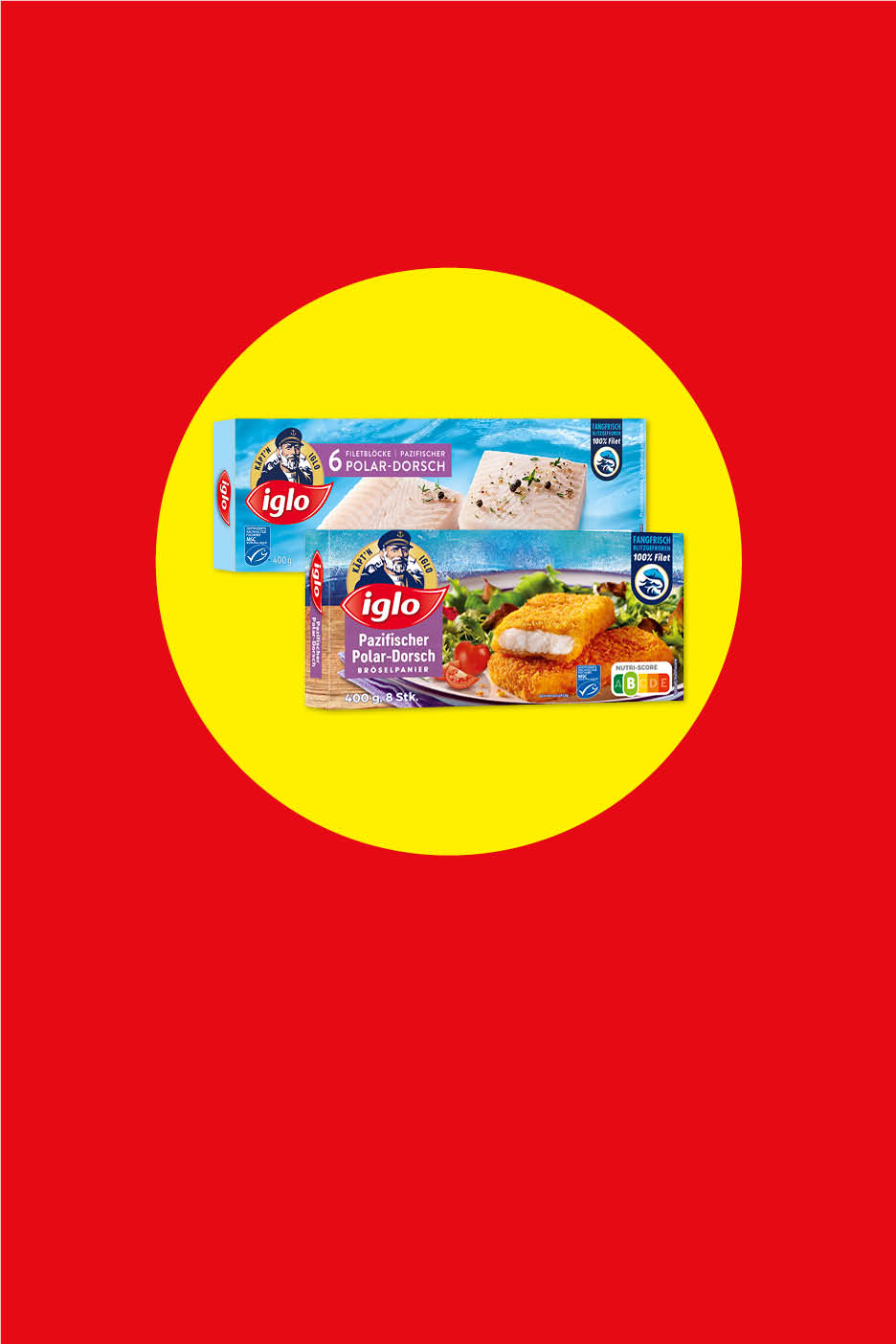 Zwei Packungen Iglo Pazifischer Polar-Dorsch, eine mit Fischfilets und eine mit paniertem Fisch.