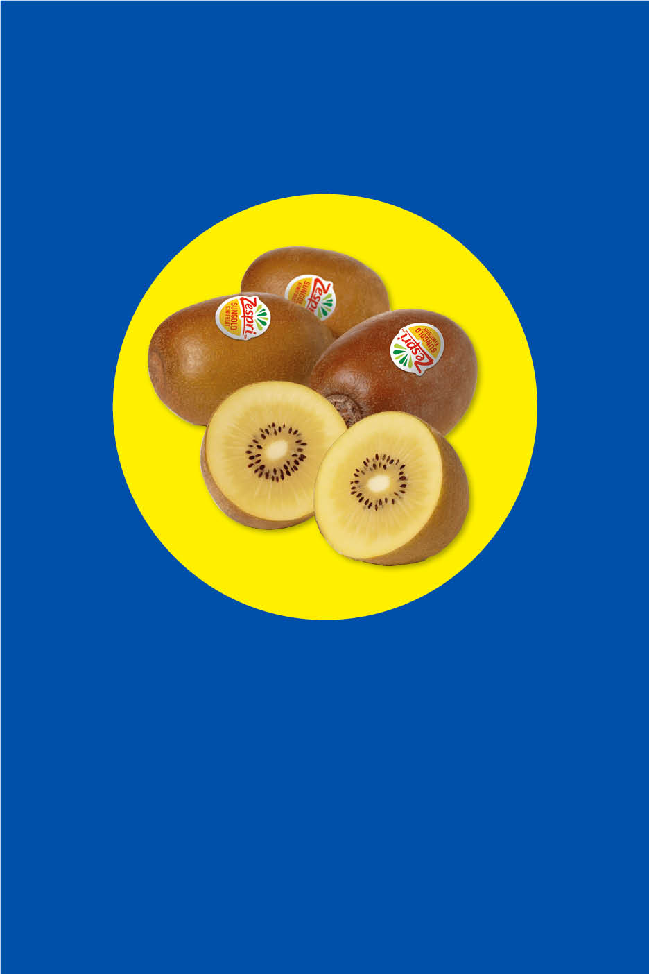 Zespri SunGold Kiwis, ganze und halbierte Früchte, auf gelbem Kreis vor blauem Hintergrund