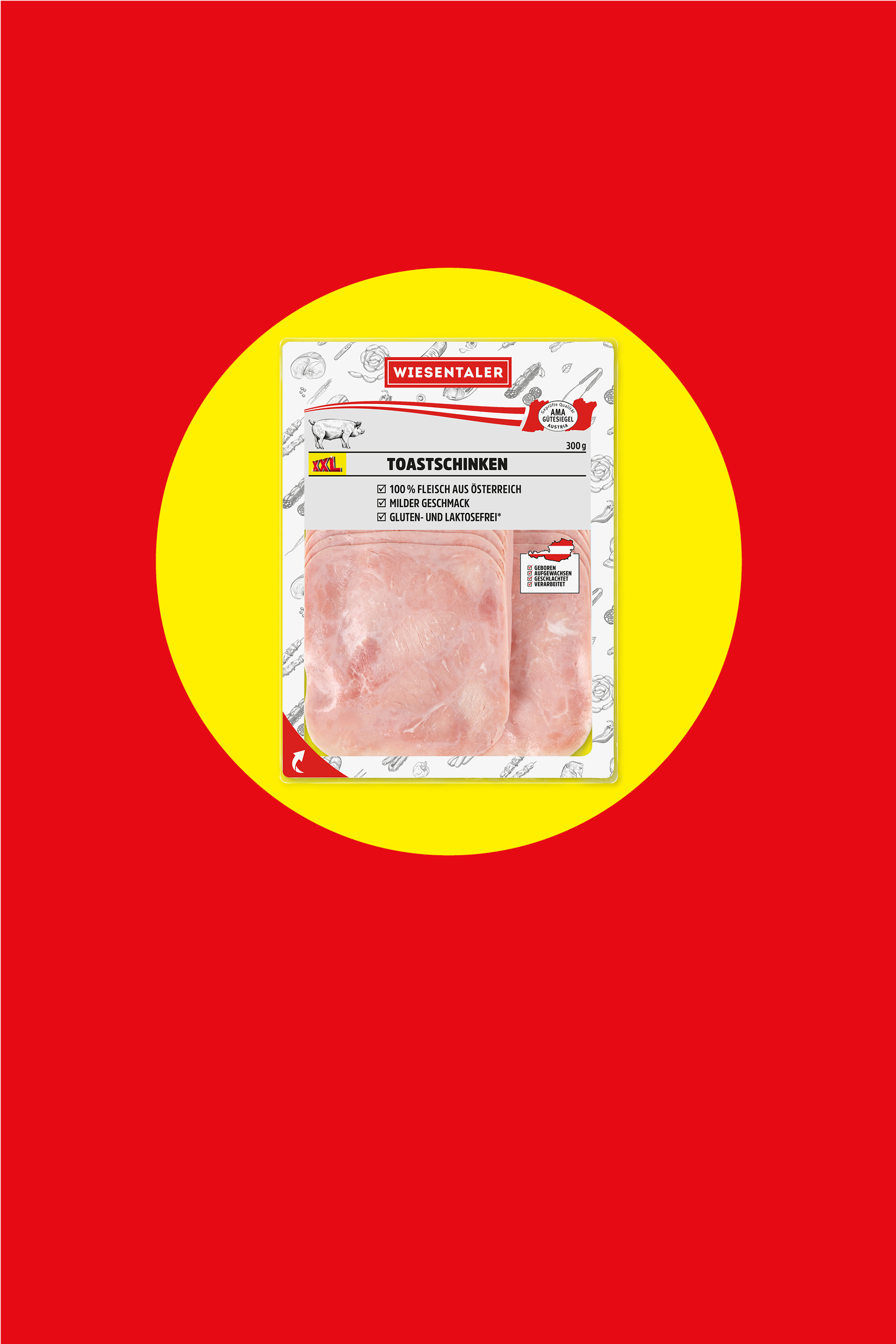 Wiesentaler Toastschinken, 300g Packung, 100% Fleisch aus Österreich, gluten- und laktosefrei.