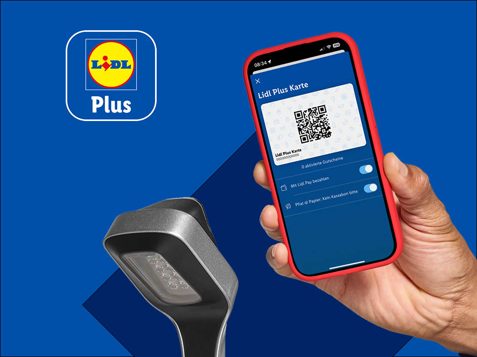 Lidl Plus App mit QR-Code auf dem Smartphone, neben einem Lidl Plus Logo und einem Scanner.