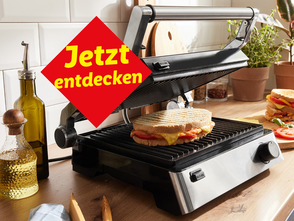 Ein Sandwichmaker mit einem gegrillten Sandwich und der Aufschrift „Jetzt entdecken“.