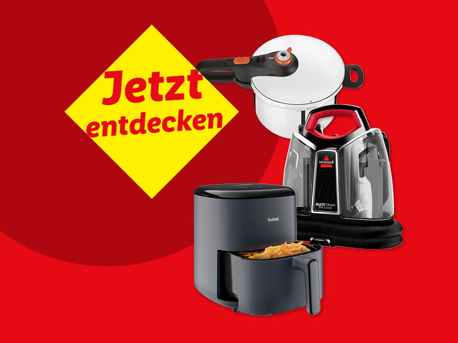 Drei Haushaltsgeräte: ein Schnellkochtopf, ein Teppichreiniger und eine Heißluftfritteuse mit Pommes.