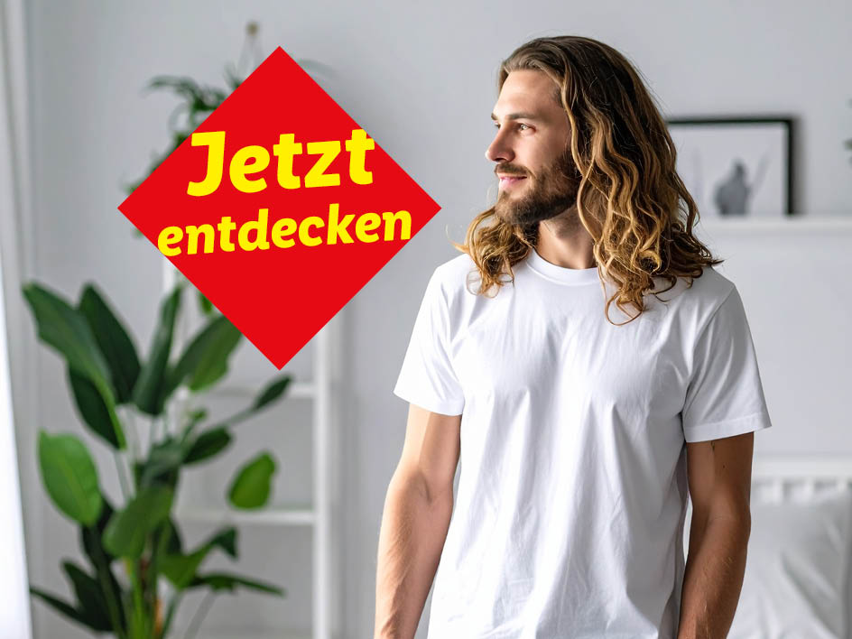 Mann mit langem Haar in weißem T-Shirt, Werbetext 'Jetzt entdecken'.
