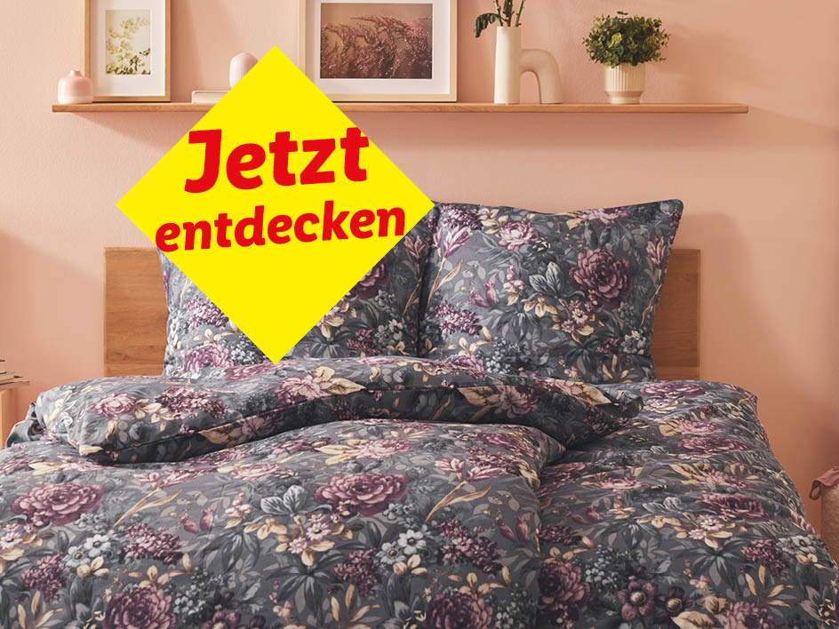 Dunkelgraue Bettwäsche mit Blumenmuster, jetzt entdecken.