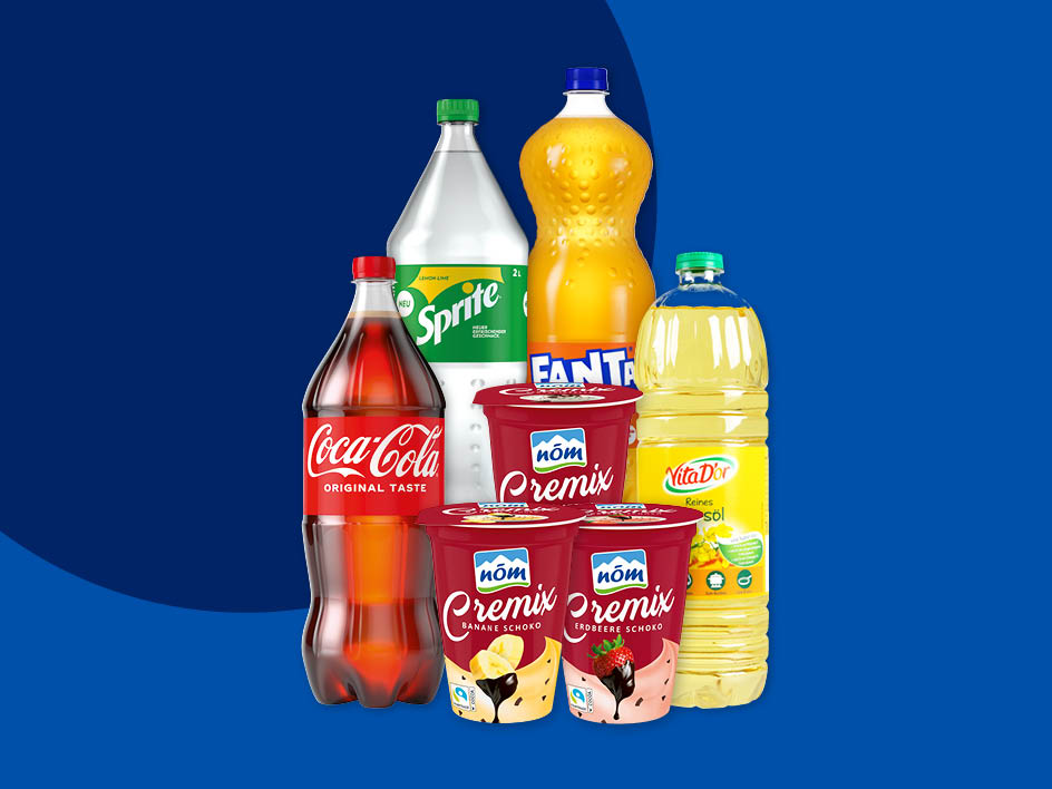 Coca-Cola, Sprite, Fanta, und Vita D'or Öl mit Cremix-Joghurt.