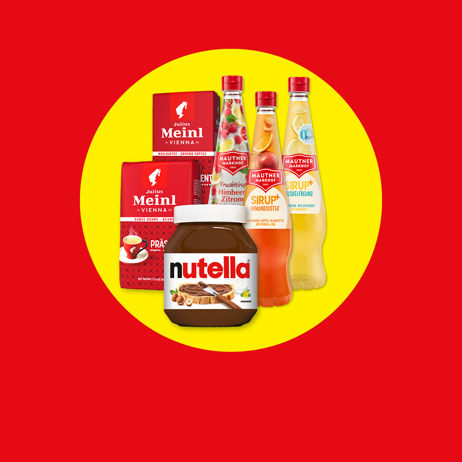 Nutella, Julius Meinl Kaffee und Mautner Markhof Sirup auf gelbem Kreis.