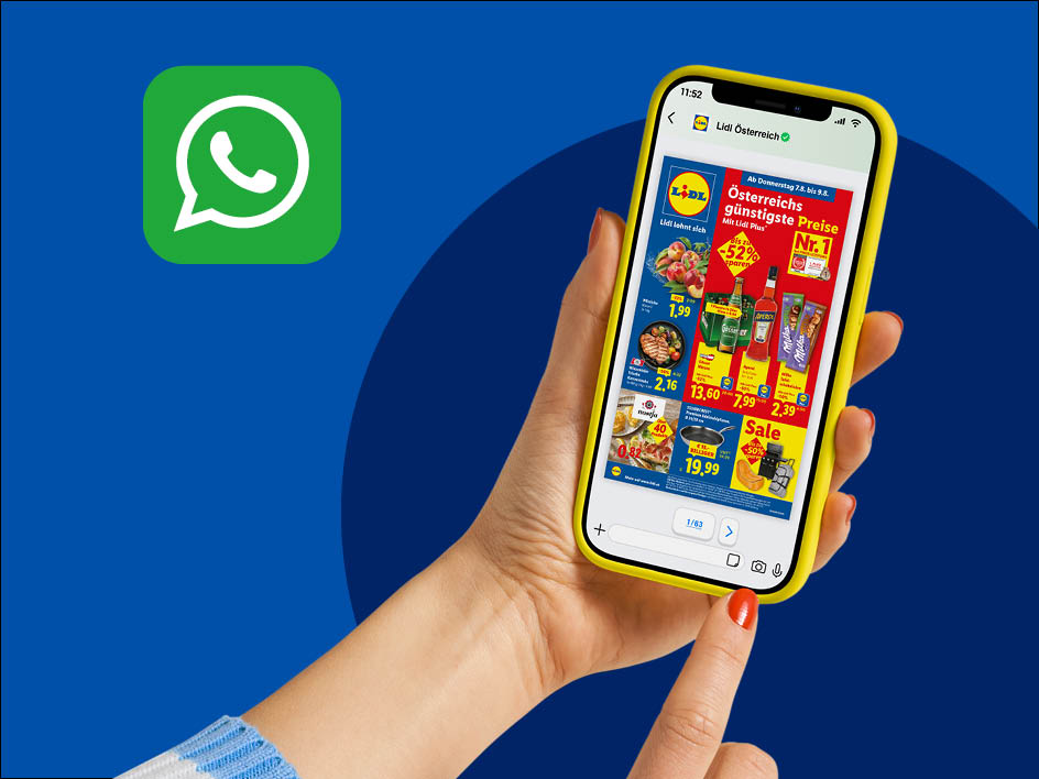 Eine Hand hält ein Smartphone mit dem Lidl-Prospekt auf WhatsApp.
