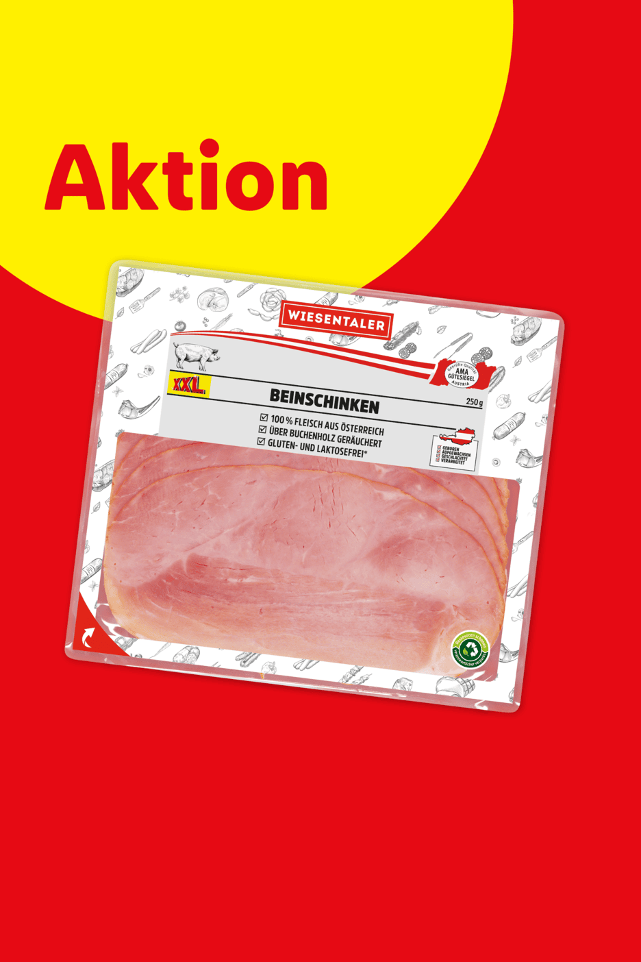 Aktionsangebot für Beinschinken in einer Packung, die auf einem roten Hintergrund mit gelbem Akzent liegt.
