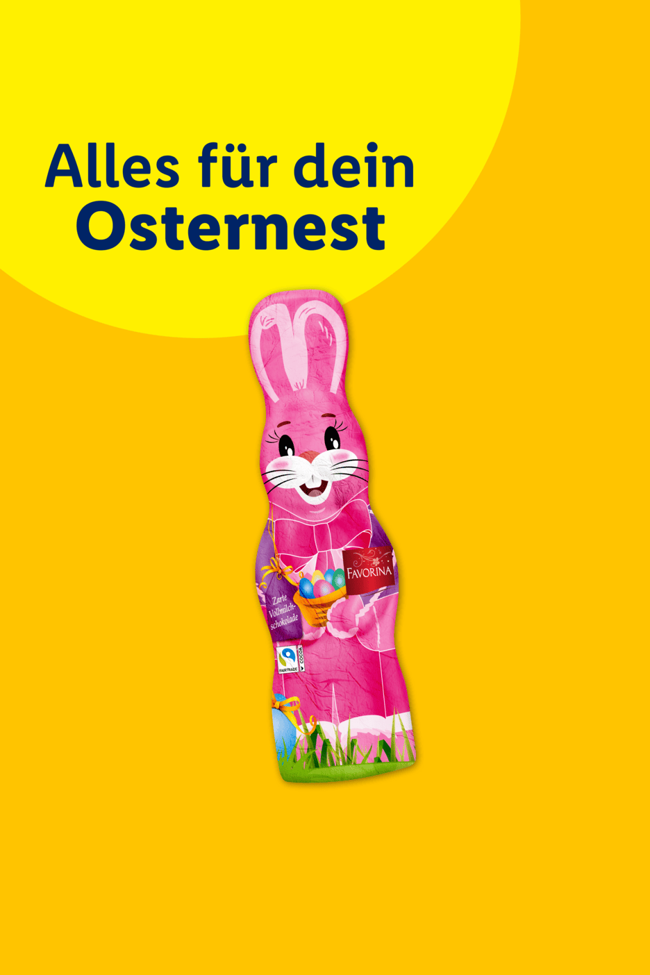 Rosa Schokoladenhase mit Korb voller Ostereier, auf gelbem Hintergrund mit Text: Alles für dein Osternest
