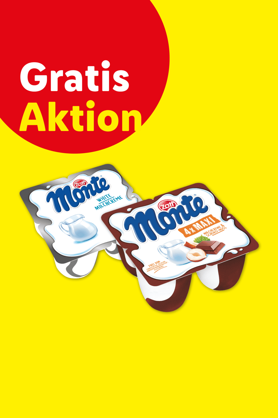 Gratis Aktion für zwei Packungen Milchcreme-Dessert, eine weiße und eine Schoko-Nuss-Variante.