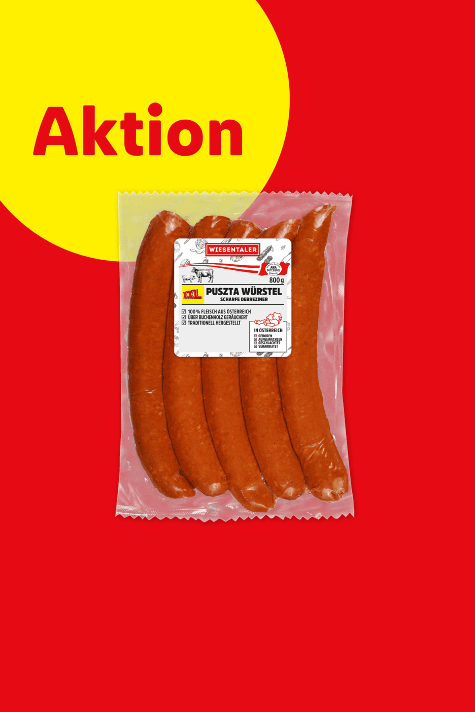Aktionsangebot für Puszta Würstel (scharfe Debreziner) in einer 800g Packung.