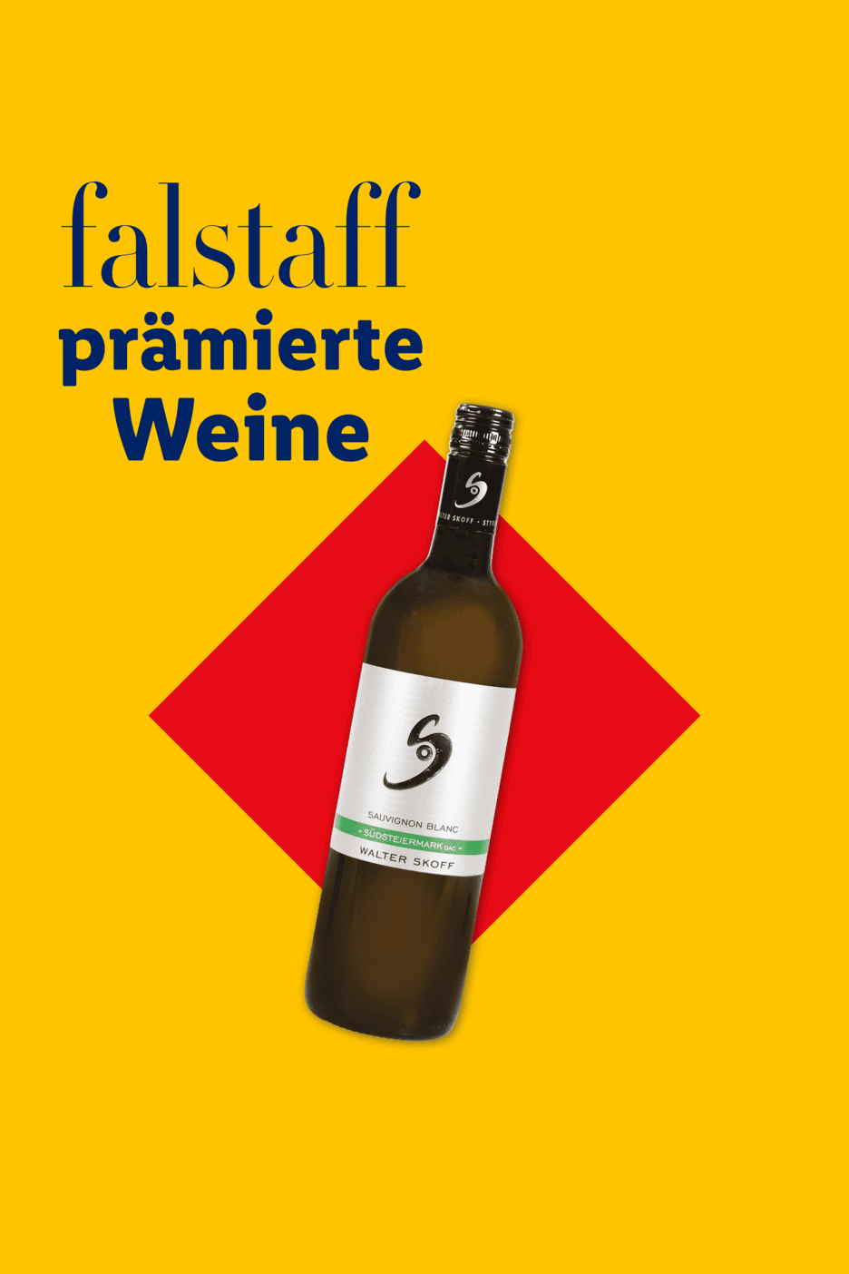 Falstaff prämierte Weine: Eine Flasche Sauvignon Blanc auf rotem Quadrat vor gelbem Hintergrund.