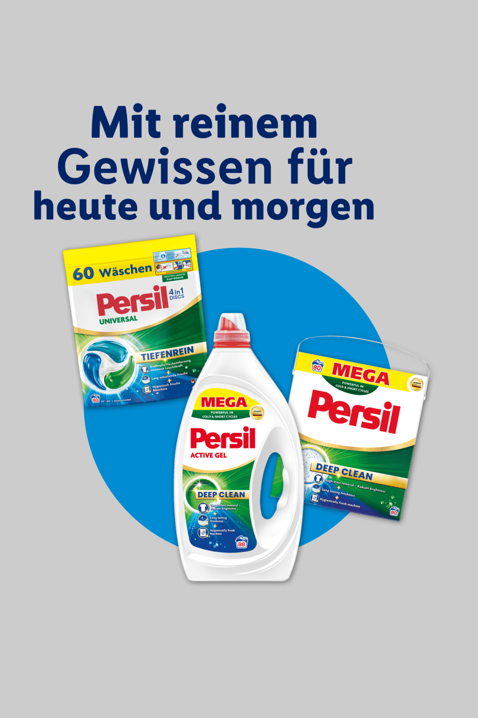 Drei Waschmittelprodukte mit dem Slogan 'Mit reinem Gewissen für heute und morgen'.