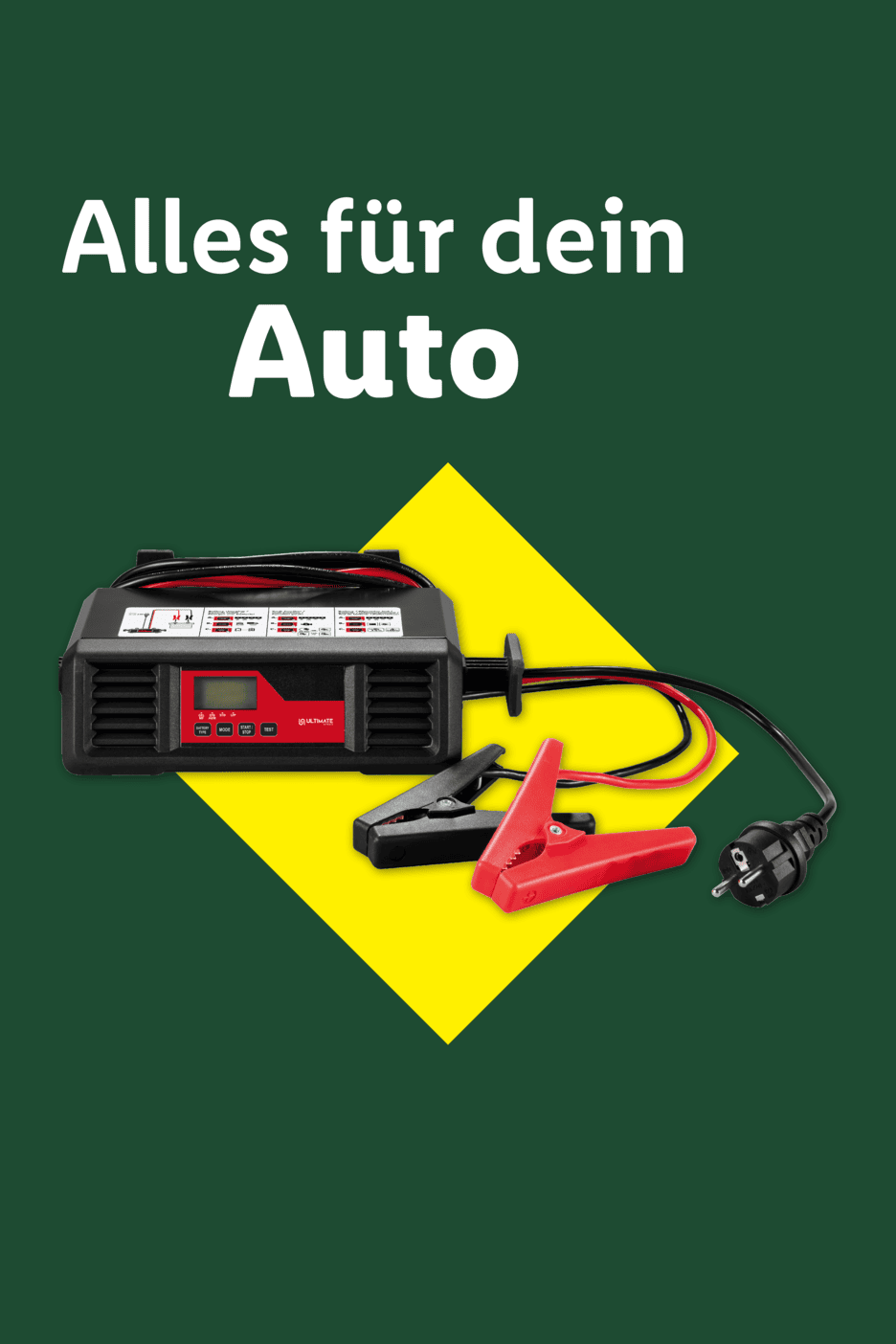 Batterieladegerät und Starthilfekabel auf gelbem Hintergrund mit dem Text 'Alles für dein Auto'.