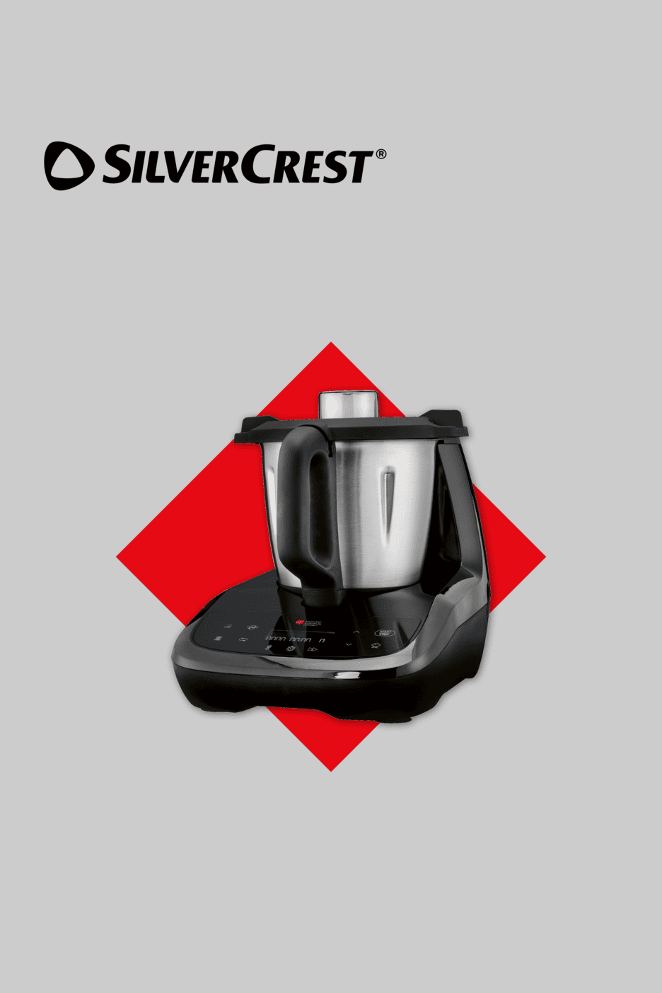 Küchenmaschine mit Kochfunktion auf rotem Hintergrund