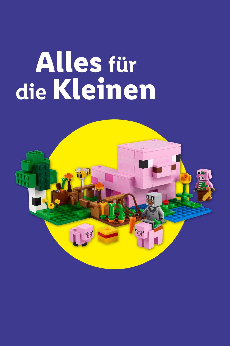 Lego-Set mit Schweinen und Minecraft-Figuren, Text: 'Alles für die Kleinen'