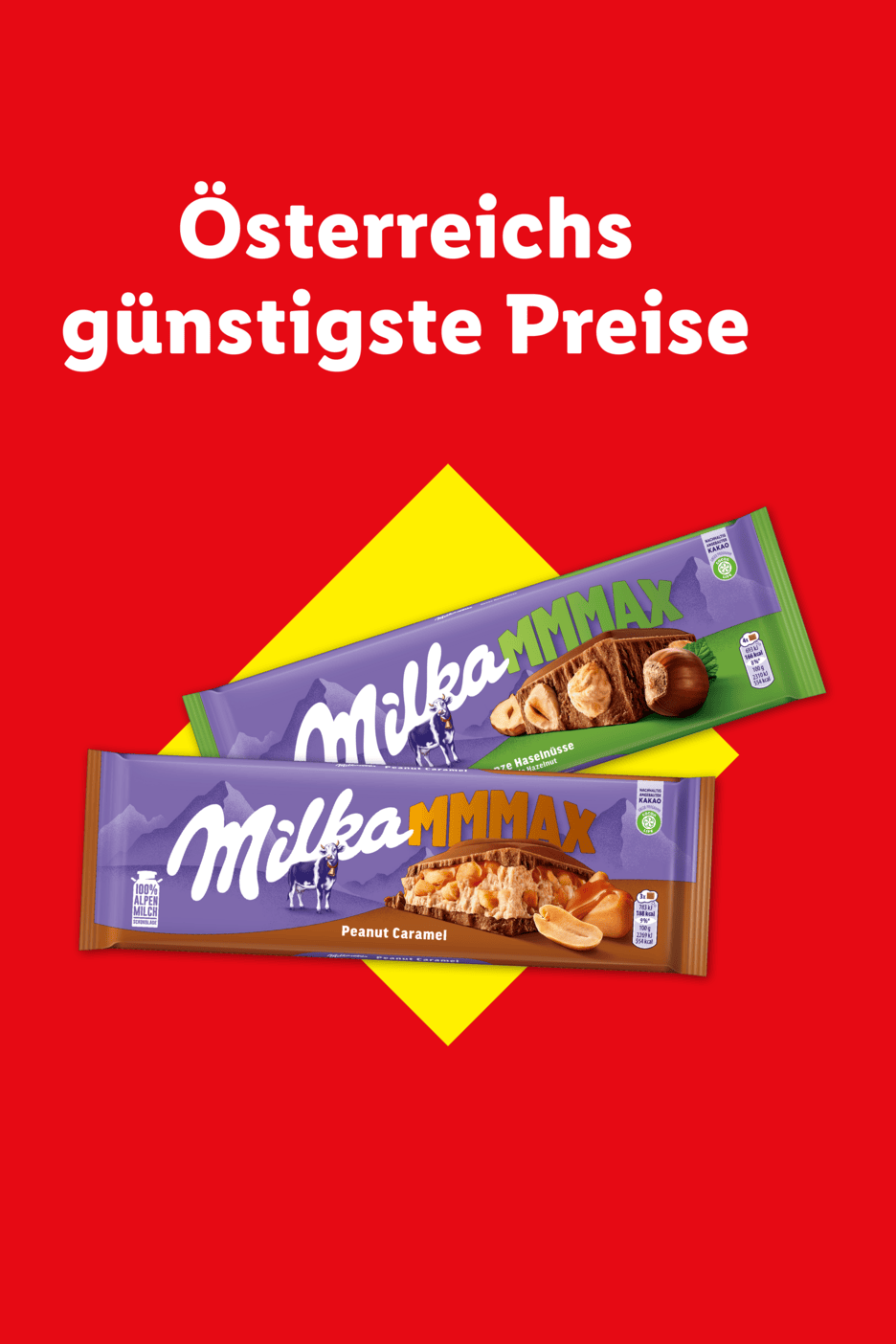 Zwei Schokoladentafeln mit Nüssen und Karamell auf rotem Hintergrund mit gelbem Dreieck, Text: Österreichs günstigste Preise.