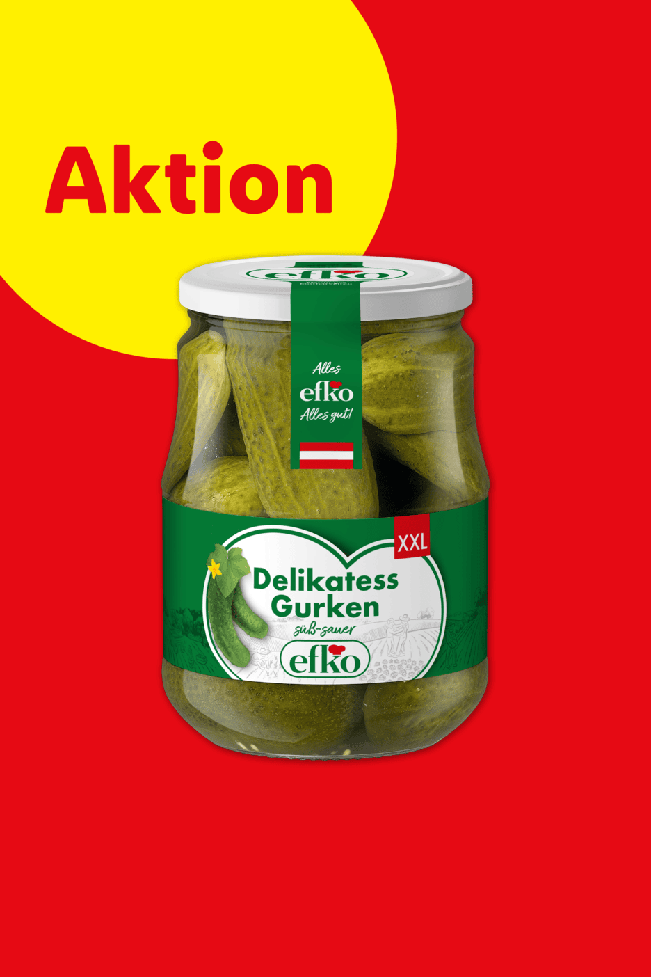 Ein Glas eingelegte Gurken auf rotem Hintergrund mit einem gelben Kreis und dem Wort 'Aktion'.