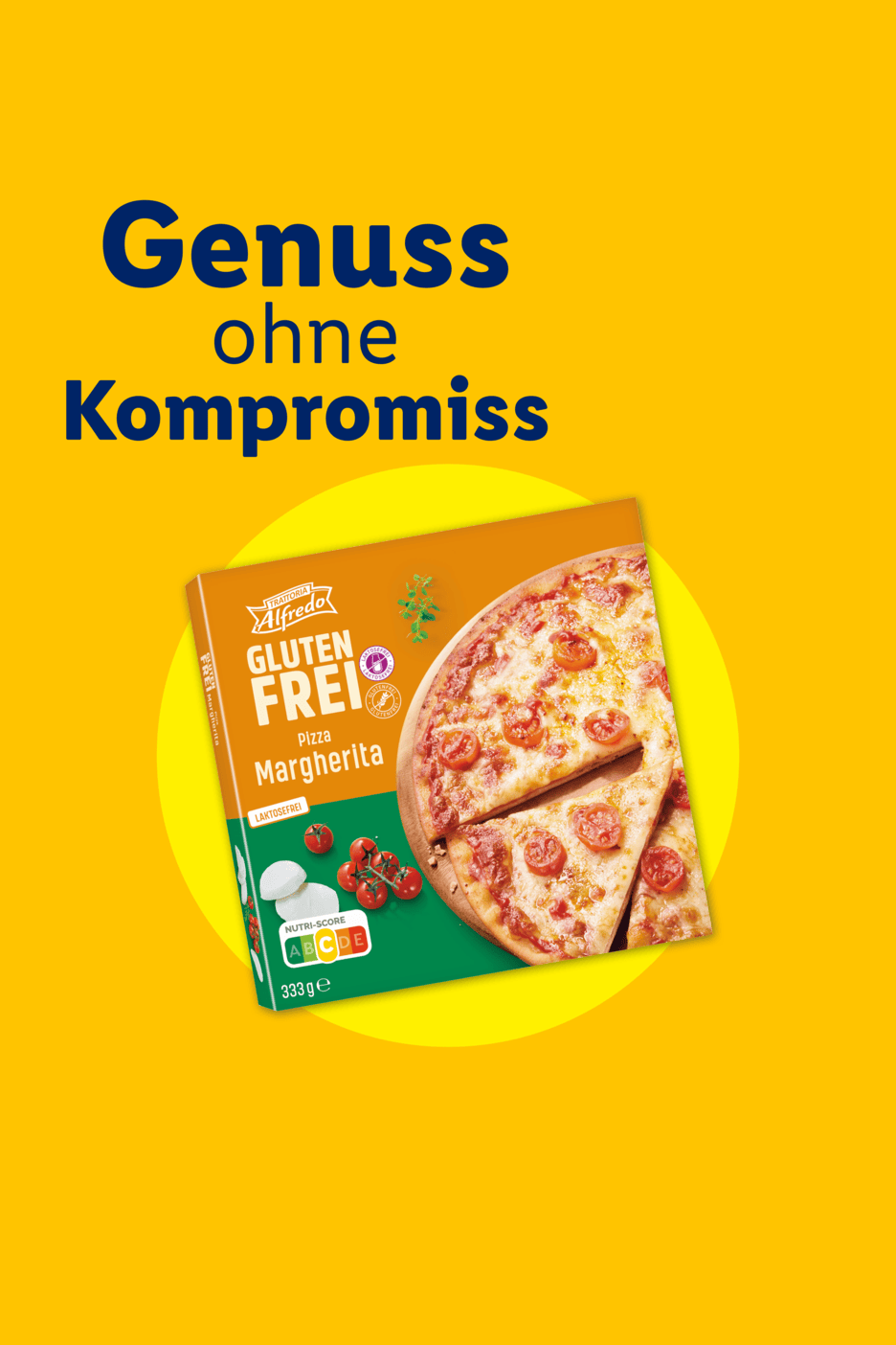 Glutenfreie Pizza Margherita mit dem Text „Genuss ohne Kompromiss“ auf gelbem Hintergrund.