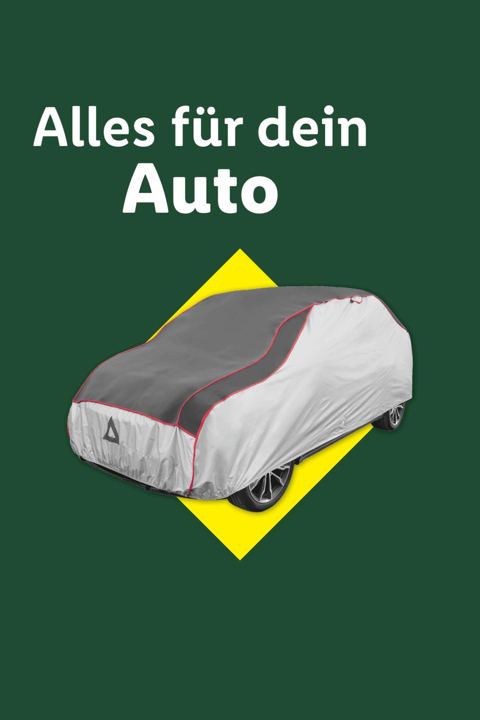 Autoabdeckung auf gelbem Hintergrund mit Text 'Alles für dein Auto'