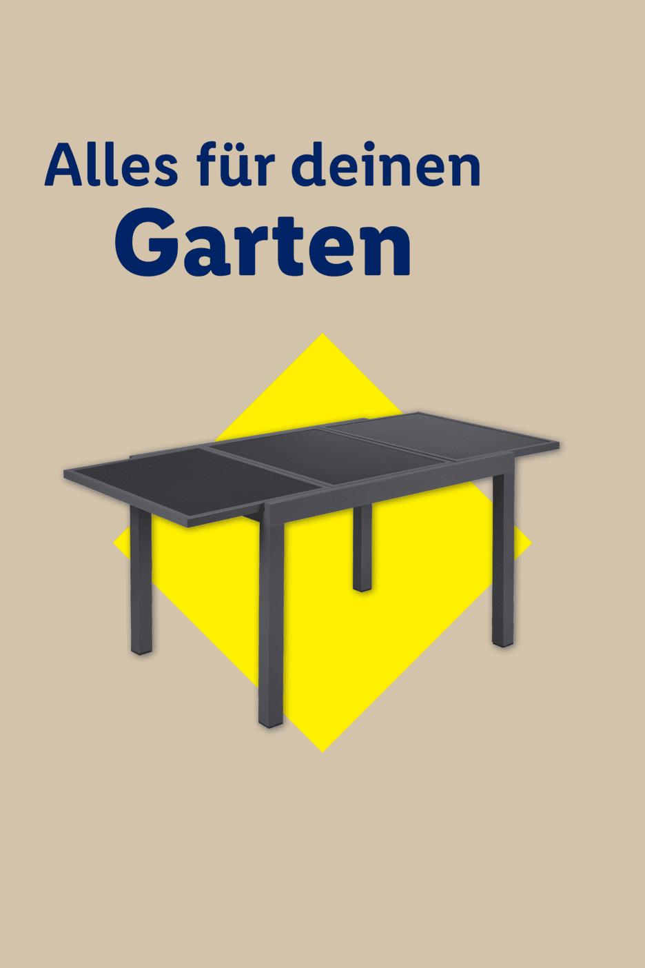 Ausziehbarer Gartentisch auf gelbem Hintergrund mit dem Text 'Alles für deinen Garten'.