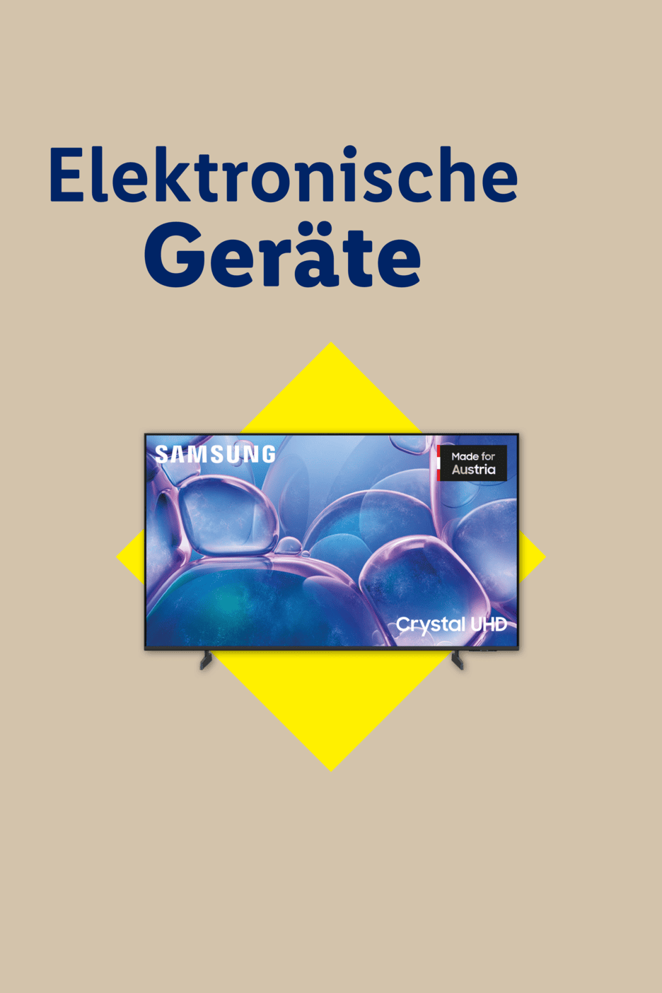 Elektronische Geräte: Ein Fernseher mit der Aufschrift „Made for Austria“ auf gelbem Hintergrund.