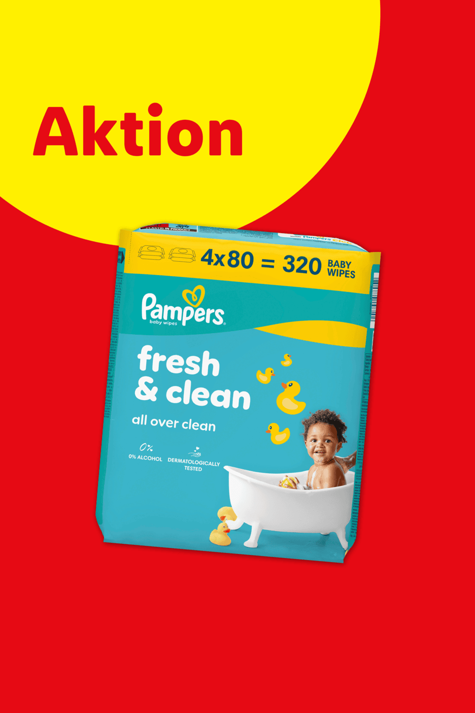 Aktion: Packung mit 320 Babyfeuchttüchern mit der Aufschrift „fresh & clean“ und einem Baby in einer Badewanne.