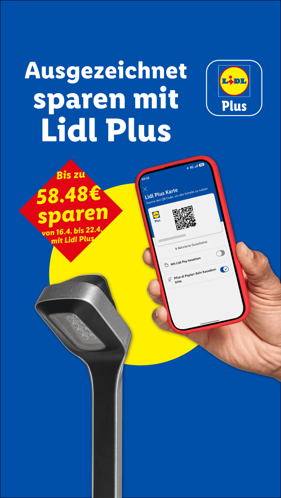 Lidl Plus App auf einem Smartphone, das an einem Scanner gehalten wird, mit einem Sparangebot von bis zu 58,48€.