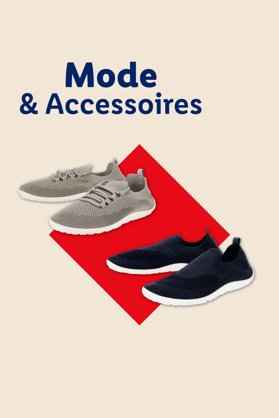 Mode & Accessoires: Zwei Paar Sneaker, ein Paar grau mit Schnürsenkeln, ein Paar dunkelblau ohne Schnürsenkel, auf rotem Hintergrund.