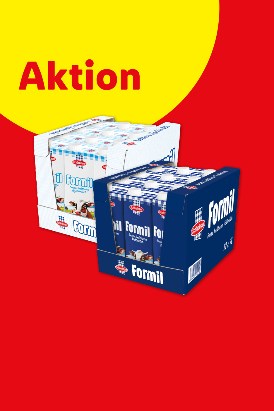 Aktion: Zwei Kartons mit Milchpackungen, eine für Vollmilch und eine für Leichtmilch.