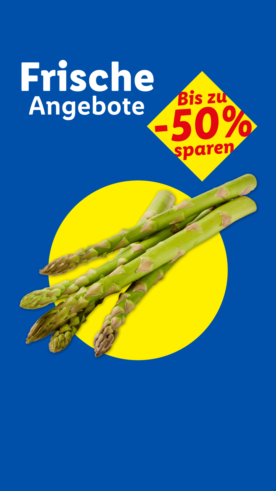 Frische Angebote: Grüner Spargel auf gelbem Kreis, bis zu -50% sparen.
