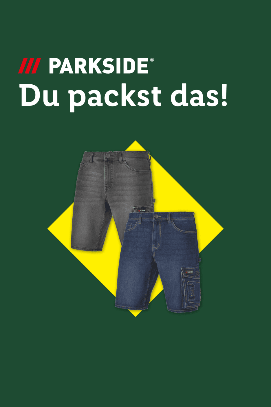 Zwei Jeans-Shorts für Herren in Grau und Blau auf gelbem Hintergrund. Text: Du packst das!