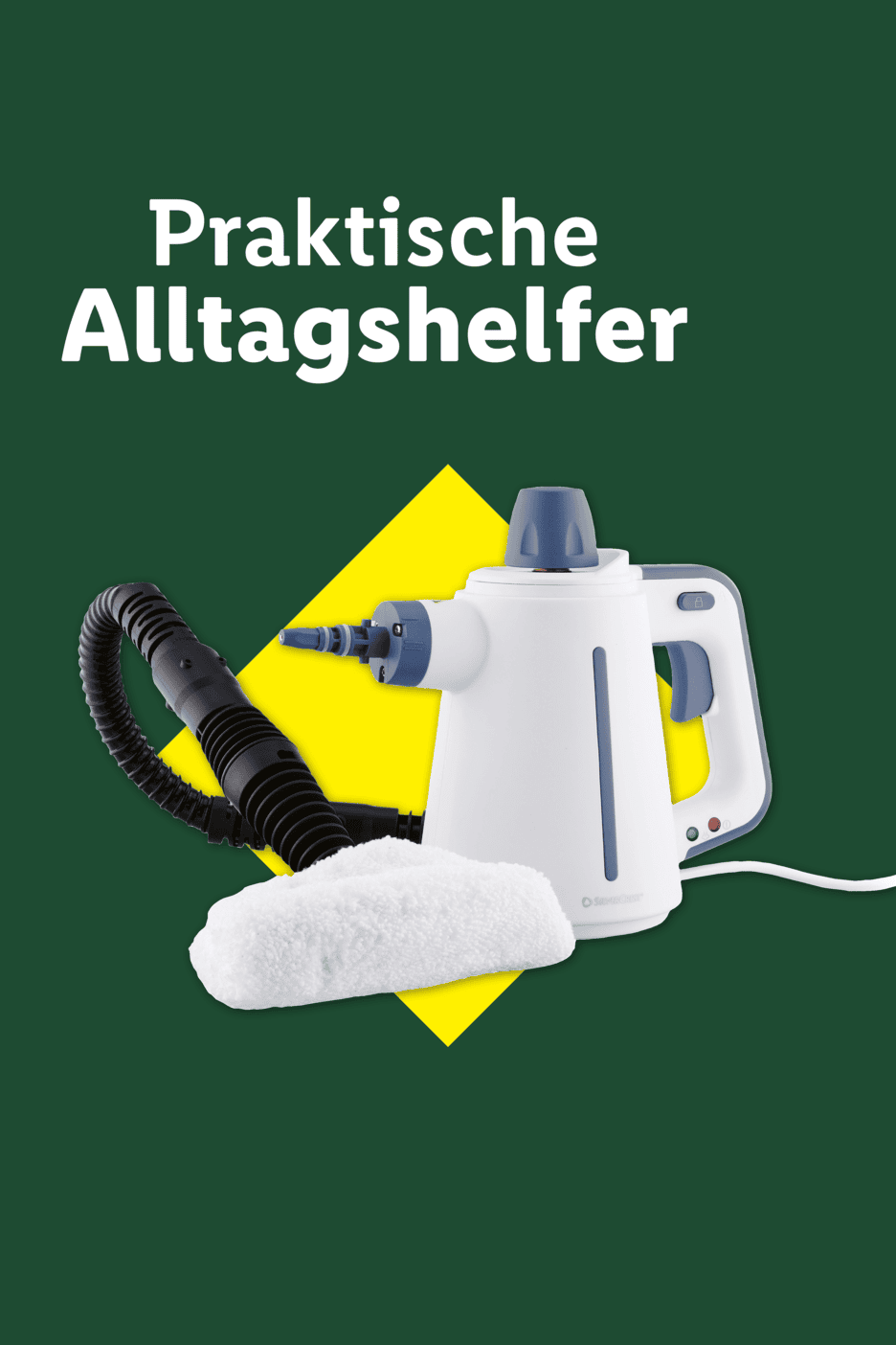 Dampfreiniger mit Zubehör auf gelbem Hintergrund, Text: Praktische Alltagshelfer