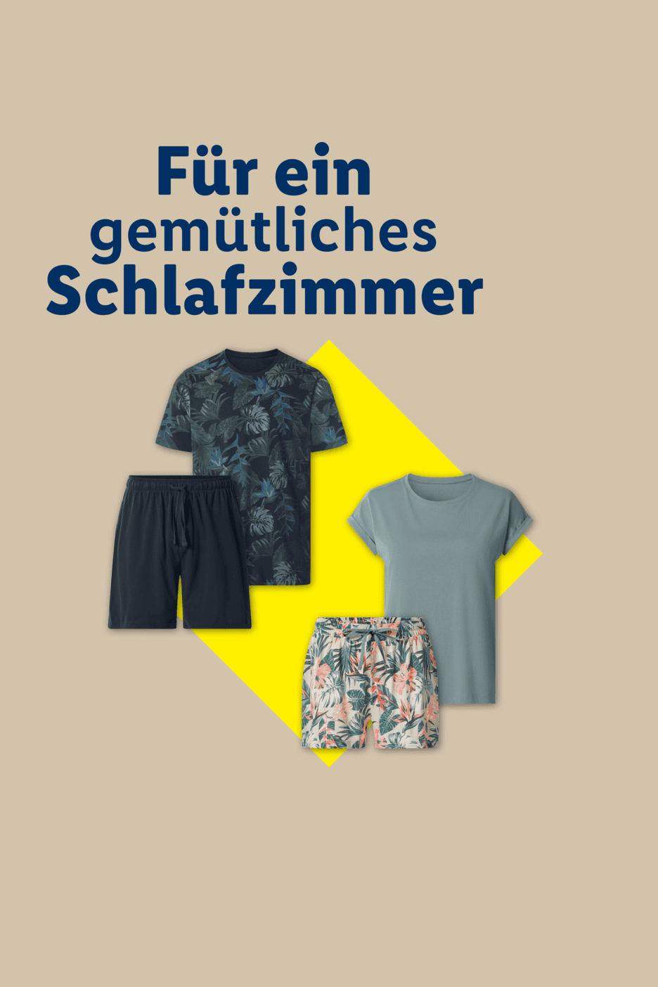 Schlafzimmer-Outfit mit T-Shirts und Shorts in verschiedenen Mustern und Farben.