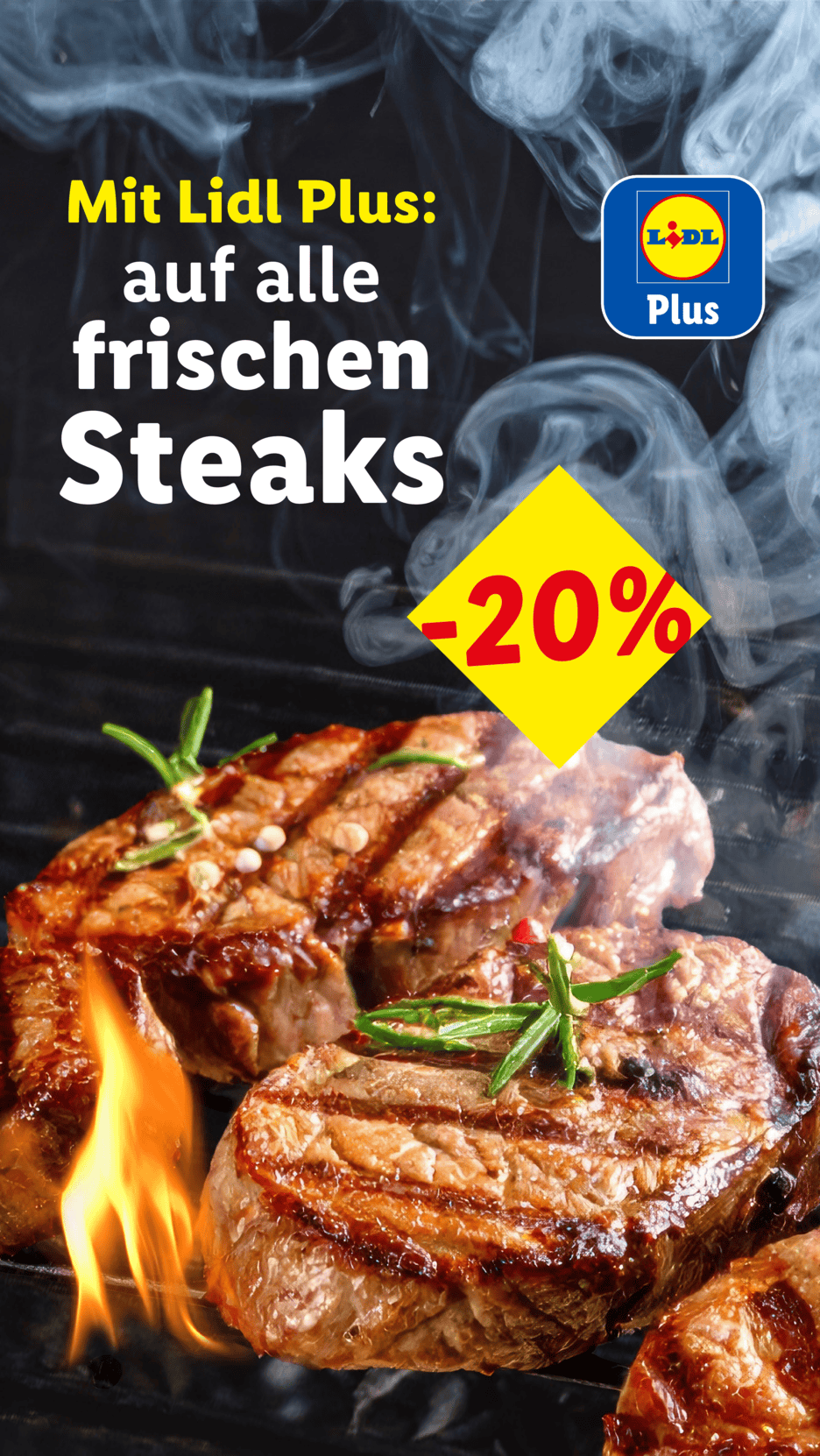 Gegrillte Steaks mit Kräutern und Flammen, beworben mit einem 20% Rabatt.
