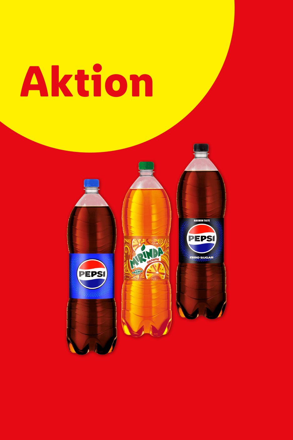 Aktion: Drei Flaschen Erfrischungsgetränke, darunter zwei Cola und eine Orangenlimonade.