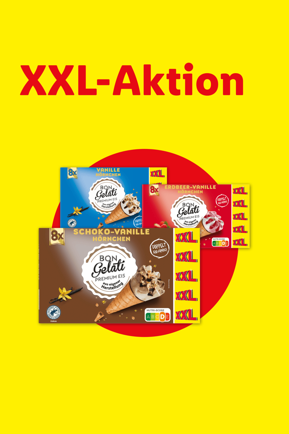 XXL-Aktion für Bon Gelati Premium Eis in den Sorten Vanille, Erdbeer-Vanille und Schoko-Vanille.
