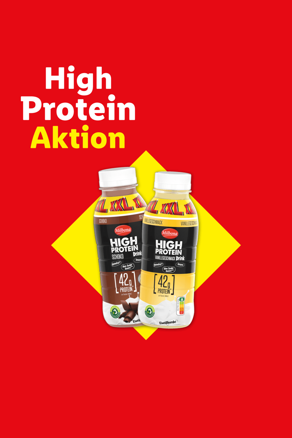 Zwei High Protein Drinks in Schoko- und Vanillegeschmack auf rotem Hintergrund mit gelbem Akzent, beworben als „High Protein Aktion“.