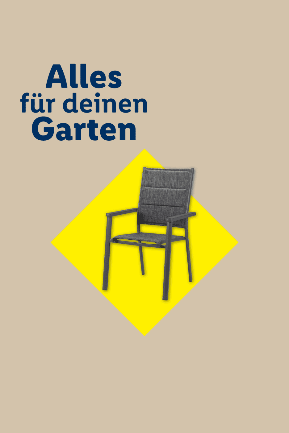 Gartenstuhl auf gelbem Hintergrund mit dem Text 'Alles für deinen Garten'.
