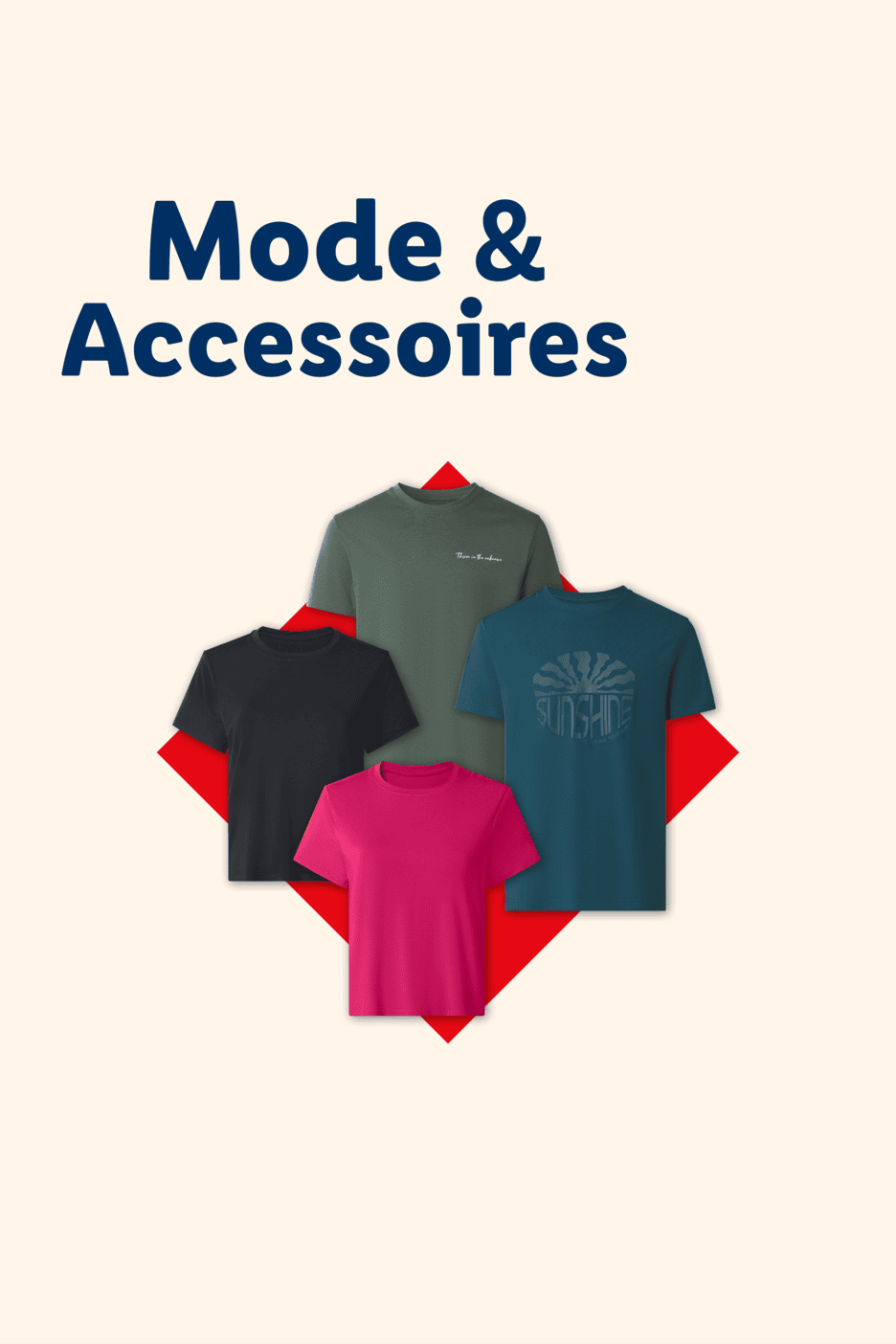 Vier T-Shirts in verschiedenen Farben auf rotem Hintergrund mit dem Text „Mode & Accessoires“.