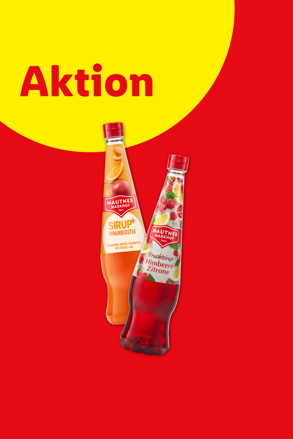 Aktion: Zwei Flaschen Sirup, eine Orange-Apfel-Karotte Immunbooster und eine Himbeere-Zitrone.