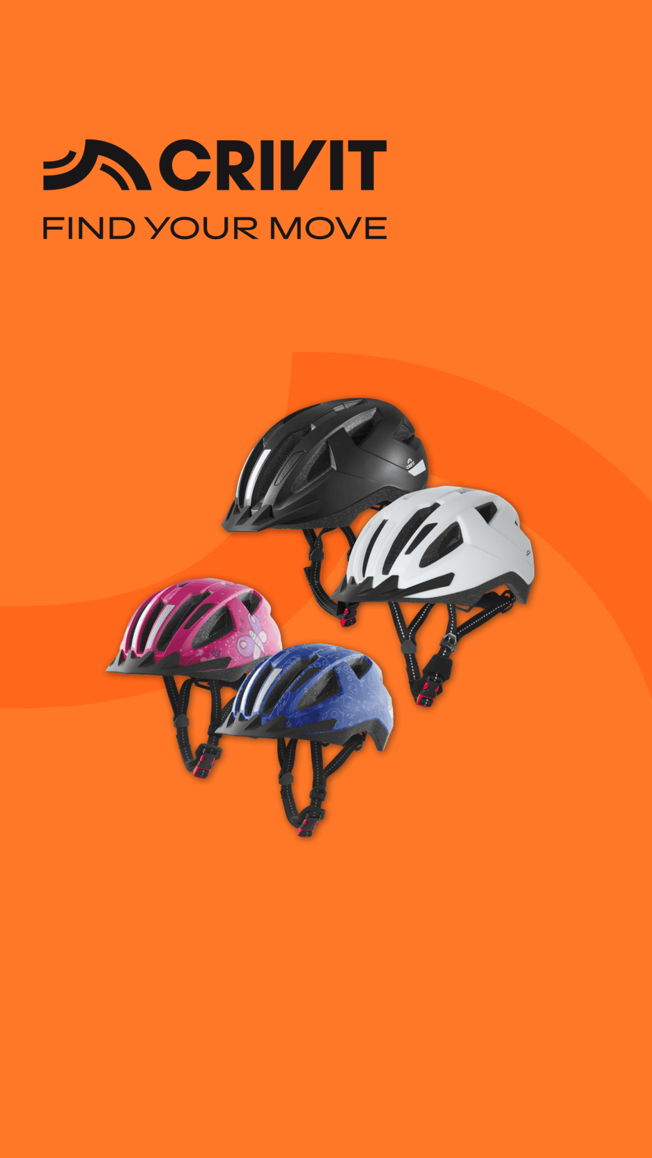 Vier Fahrradhelme in Schwarz, Weiß, Pink und Blau auf orangefarbenem Hintergrund mit dem Text „FIND YOUR MOVE“.
