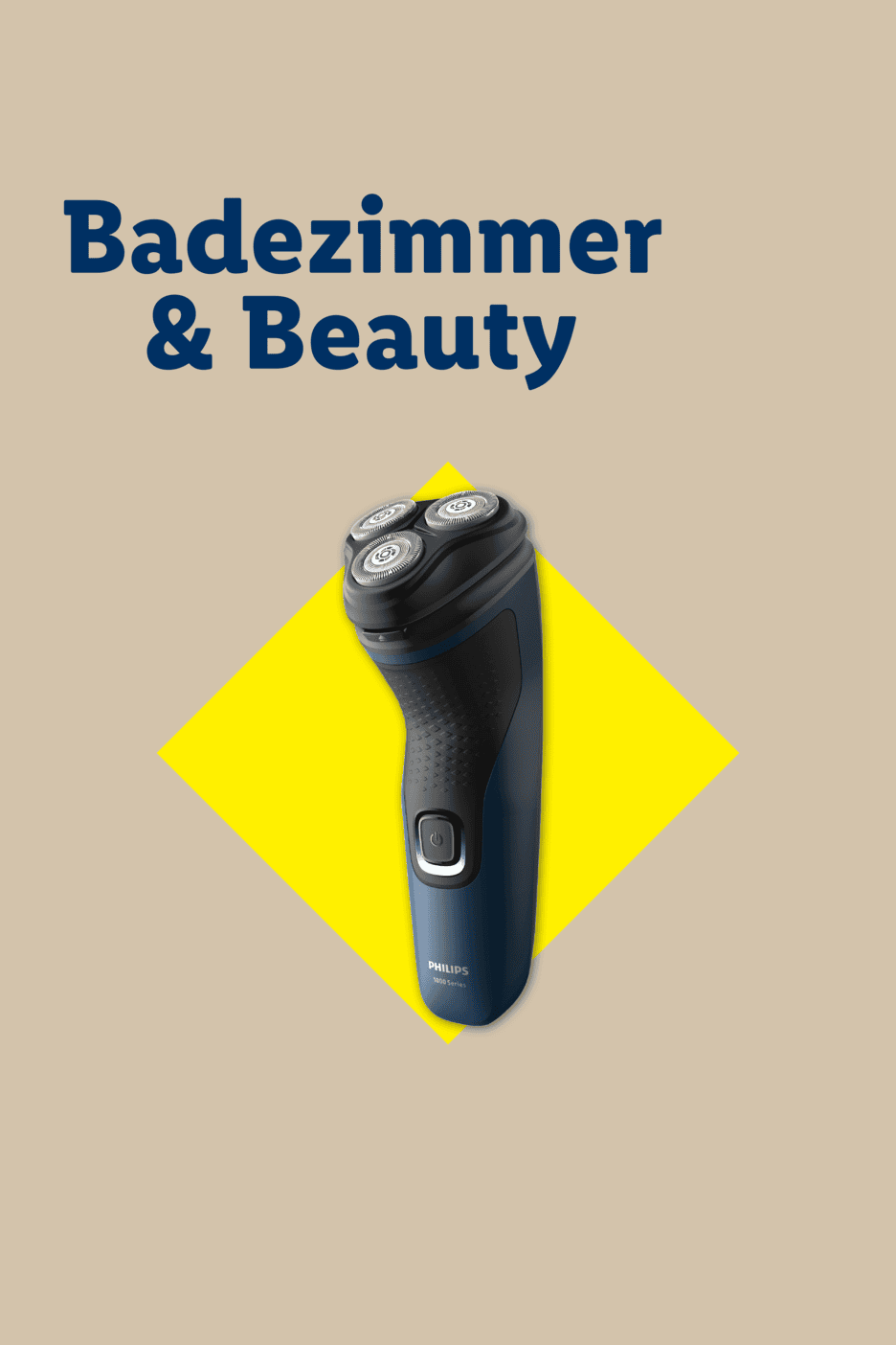 Elektrorasierer auf gelbem Quadrat mit Text 'Badezimmer & Beauty'
