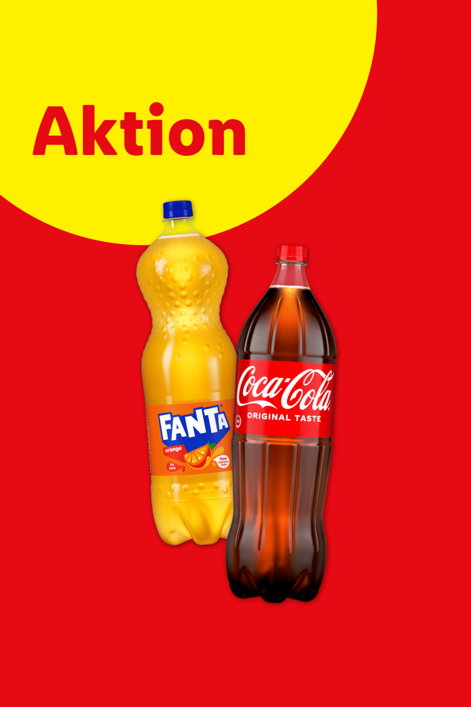 Aktion: Eine Flasche Orangenlimonade und eine Flasche Cola vor rotem Hintergrund.