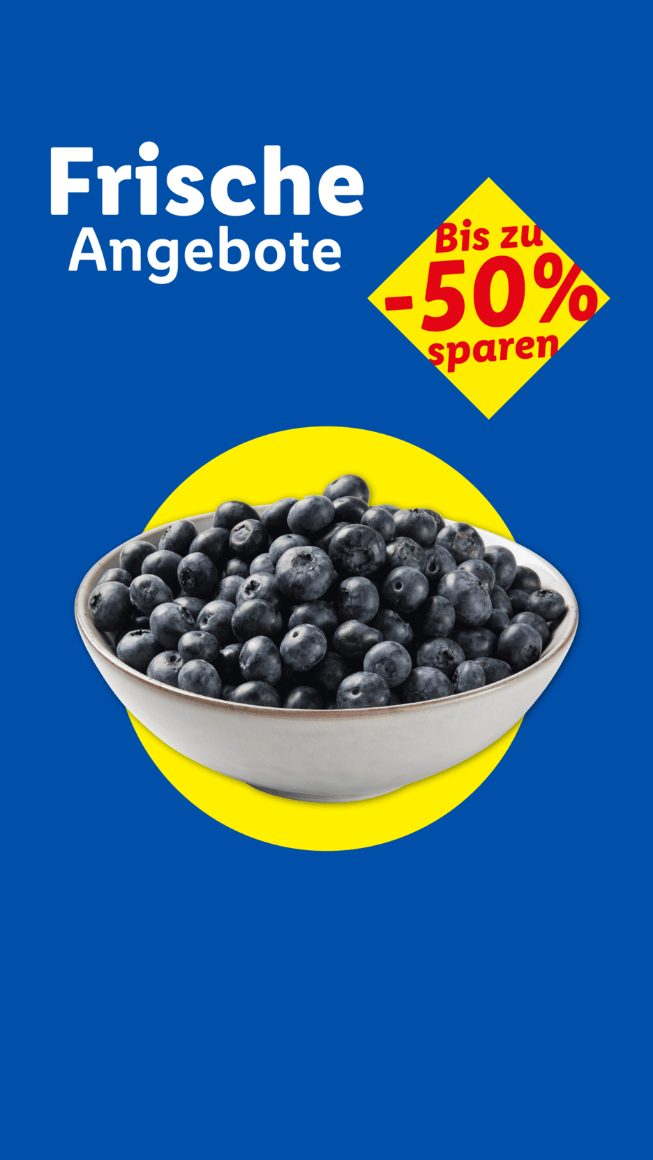 Schale mit Blaubeeren auf blauem Hintergrund mit gelbem Kreis und einem Rabatt von bis zu 50%.