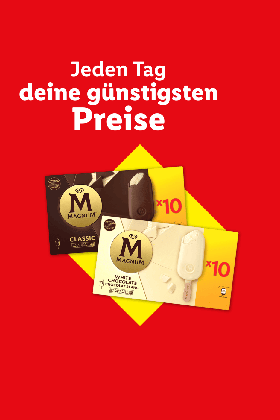 Zwei Packungen Eis am Stiel, eine klassische und eine weiße Schokolade, mit dem Text „Jeden Tag deine günstigsten Preise“.